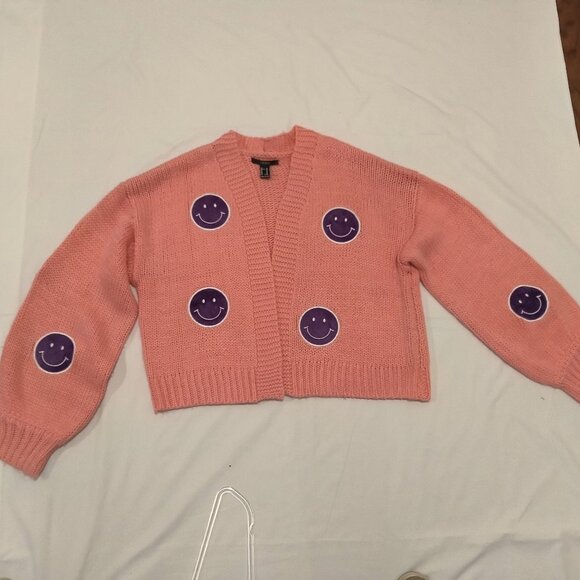 Forever 21  Pink Open Cardigan with Smiley Face Patches  Size XL - Picture 2 of 6